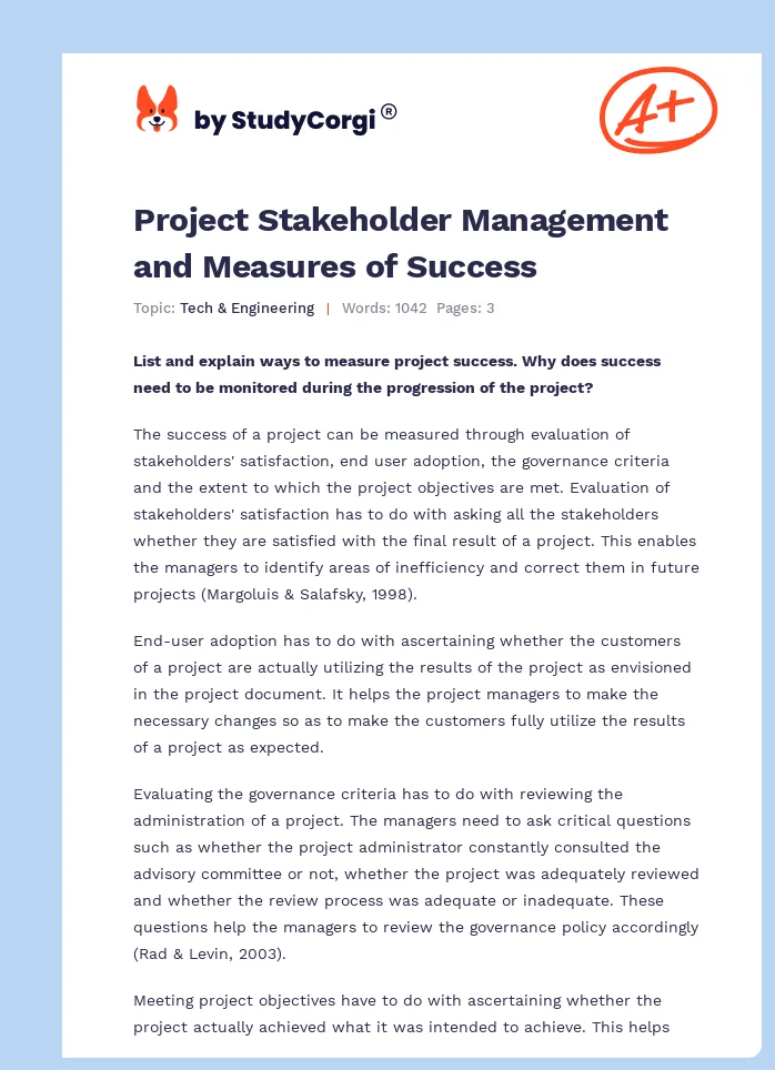 Project Stakeholder Management and Measures of Success. Page 1