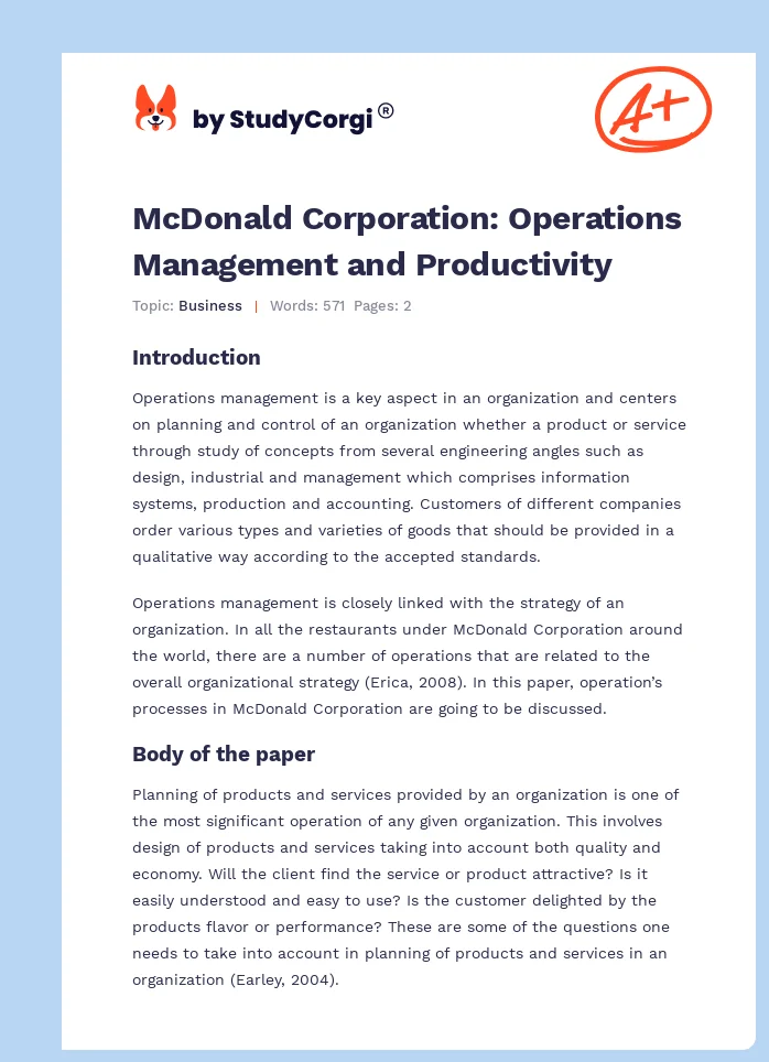 McDonald Corporation: Operations Management and Productivity. Page 1
