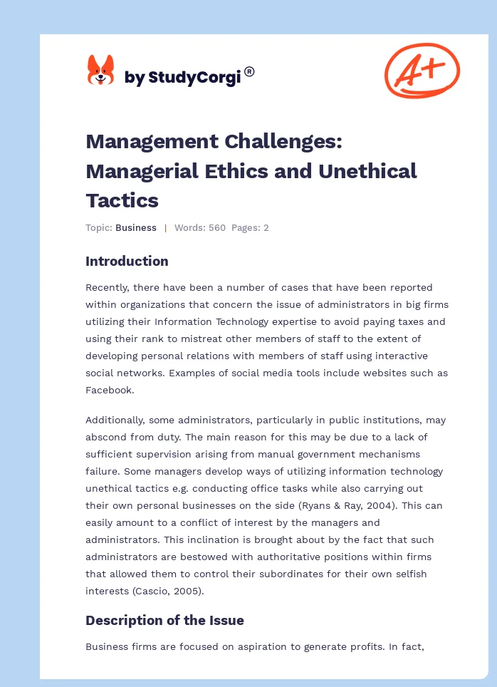 Management Challenges: Managerial Ethics and Unethical Tactics. Page 1