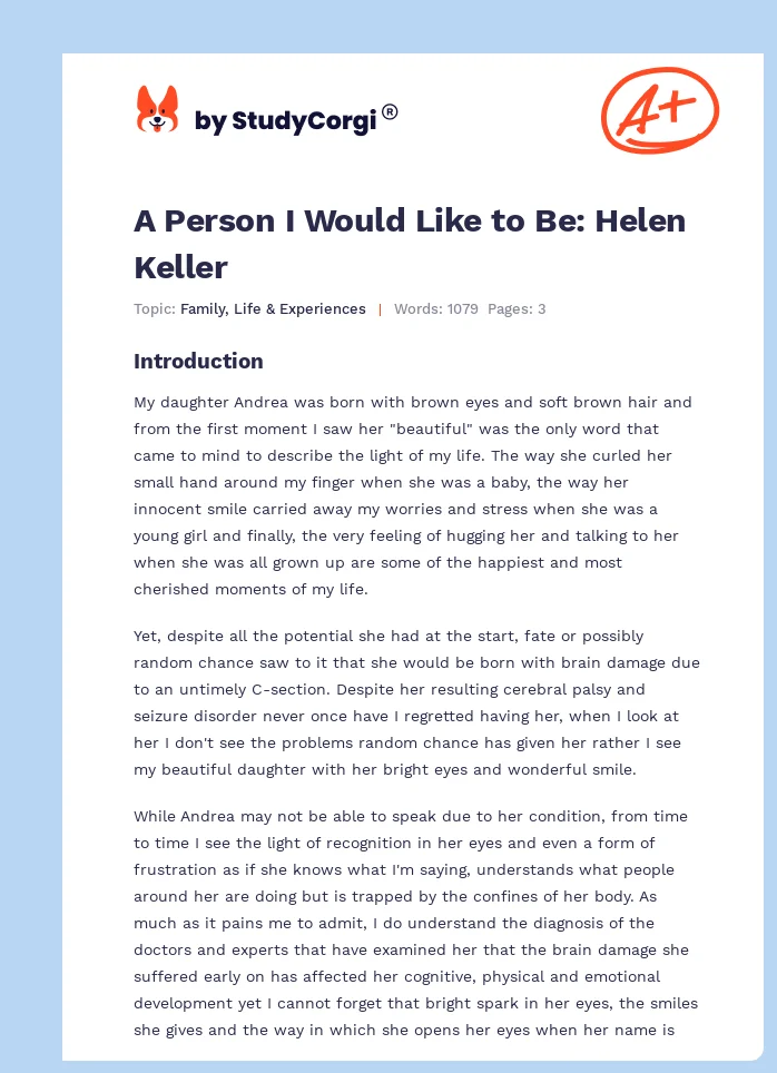 A Person I Would Like to Be: Helen Keller. Page 1