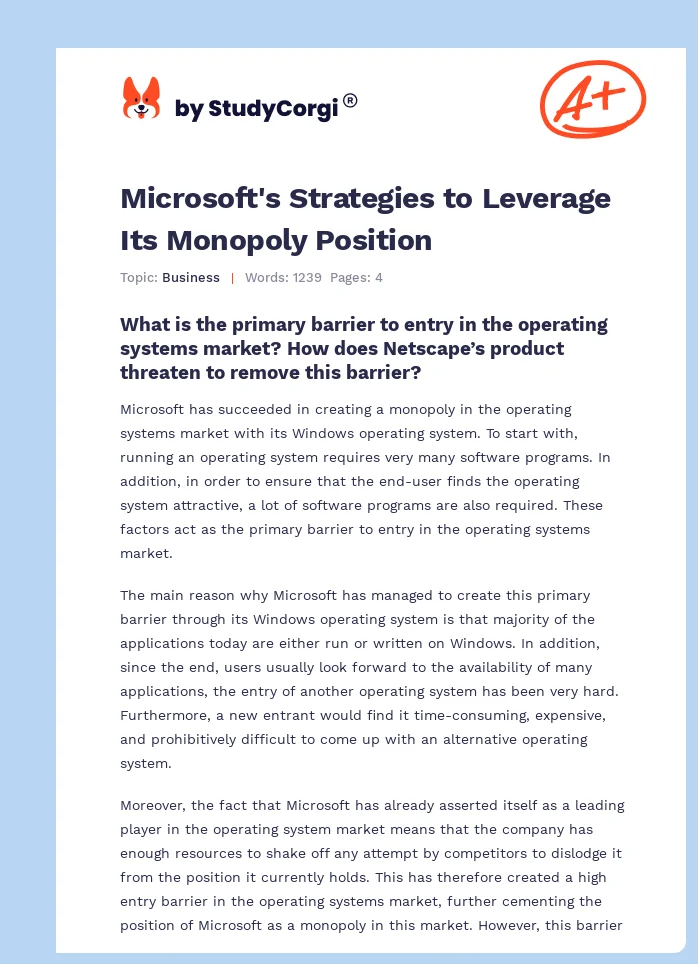Microsoft's Strategies to Leverage Its Monopoly Position. Page 1