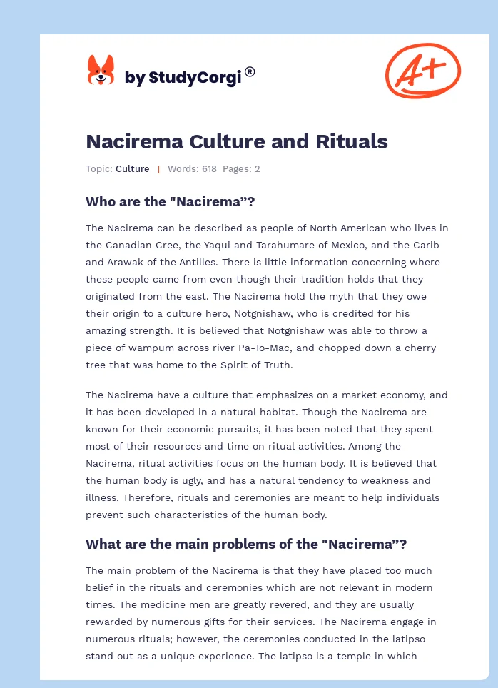 Nacirema Culture and Rituals. Page 1