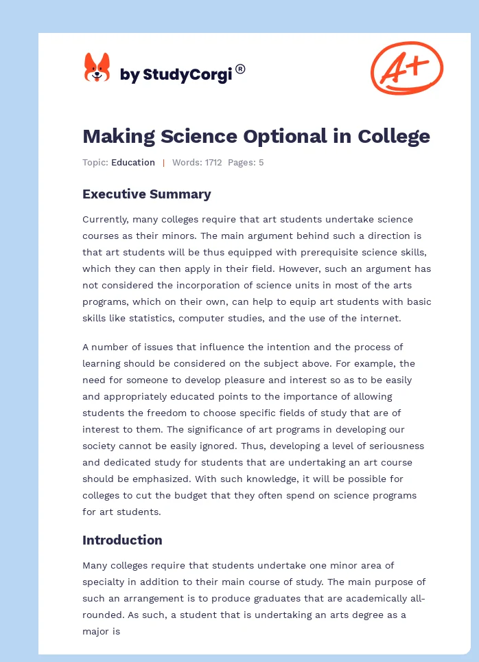 Making Science Optional in College. Page 1