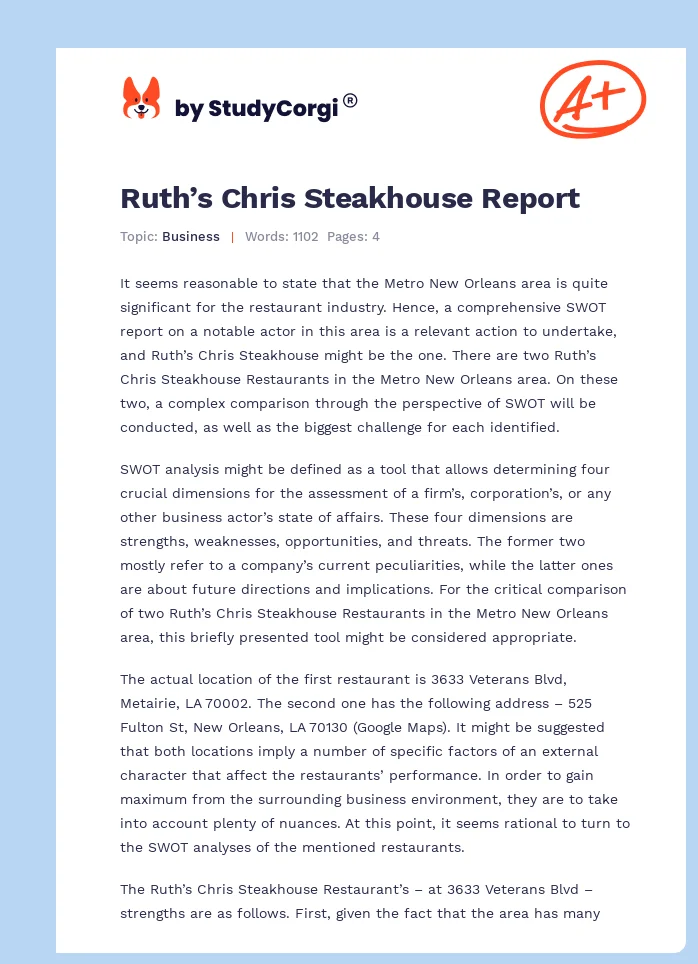 Ruth’s Chris Steakhouse Report. Page 1