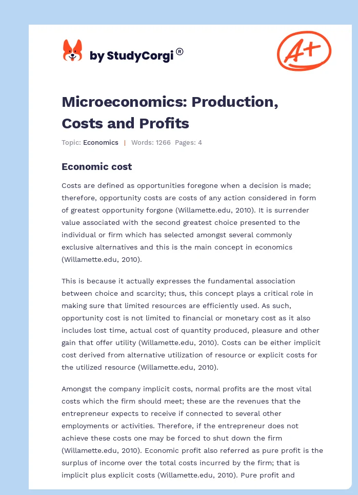 Microeconomics: Production, Costs and Profits. Page 1