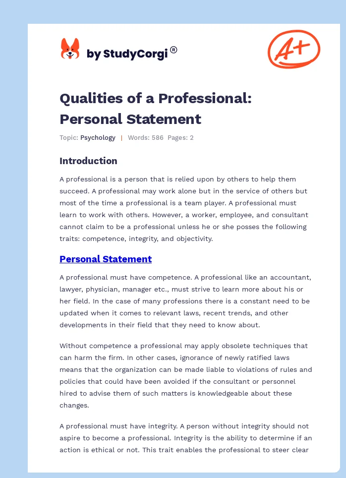 Qualities of a Professional: Personal Statement. Page 1