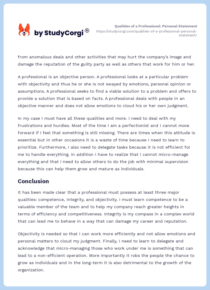 Qualities of a Professional: Personal Statement. Page 2