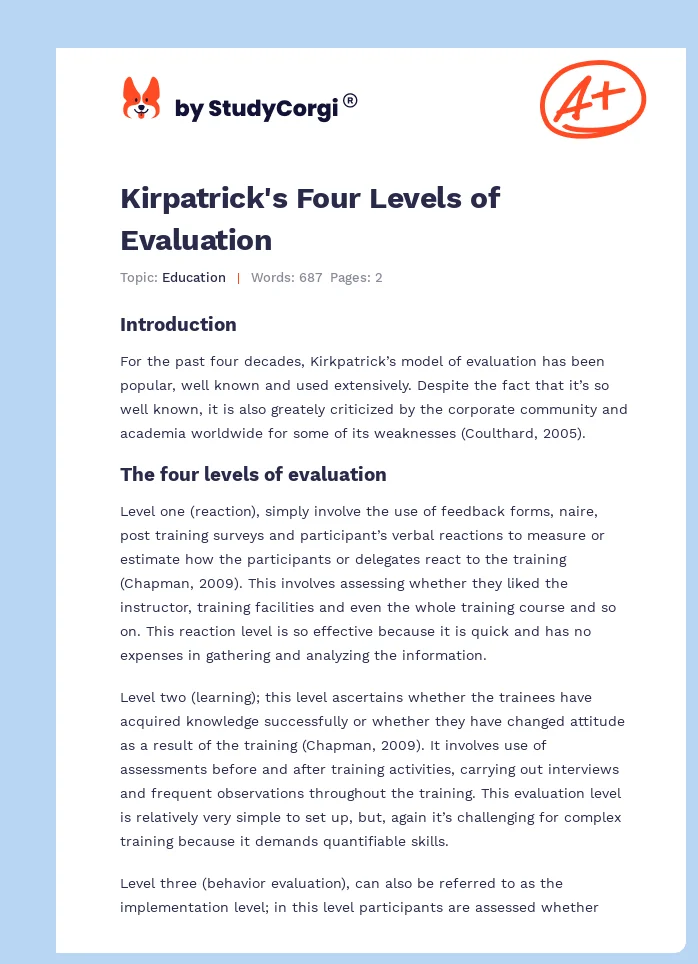 Kirpatrick's Four Levels of Evaluation. Page 1