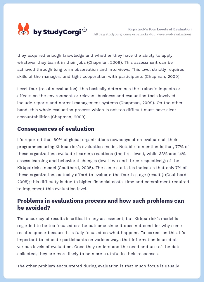 Kirpatrick's Four Levels of Evaluation. Page 2