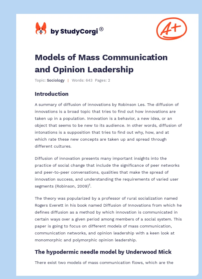 Models of Mass Communication and Opinion Leadership. Page 1