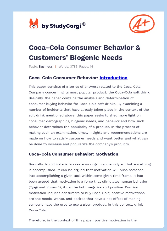Coca-Cola Consumer Behavior & Customers’ Biogenic Needs. Page 1
