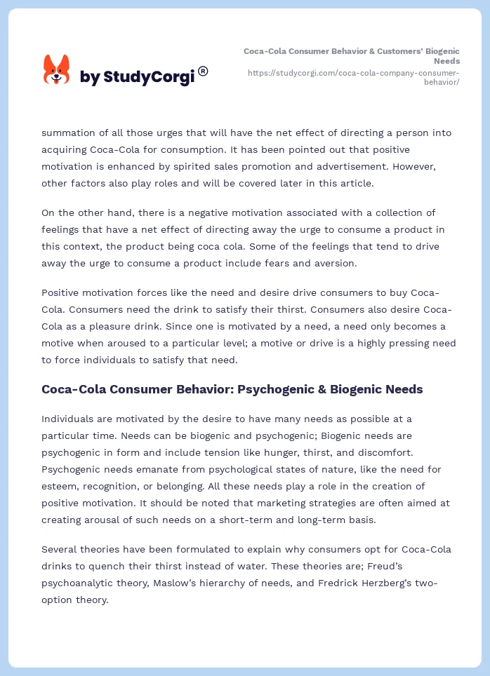 Coca-Cola Consumer Behavior & Customers’ Biogenic Needs. Page 2