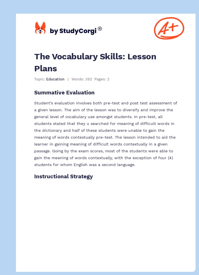 The Vocabulary Skills: Lesson Plans. Page 1