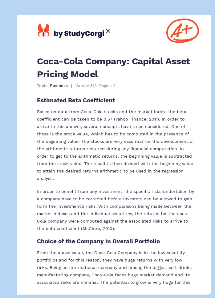 Coca-Cola Company: Capital Asset Pricing Model. Page 1