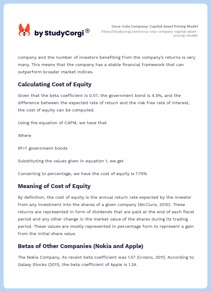 Coca-Cola Company: Capital Asset Pricing Model. Page 2