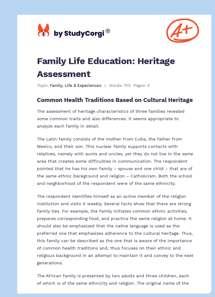 Family Life Education: Heritage Assessment. Page 1