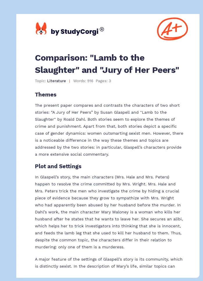 Comparison: "Lamb to the Slaughter" and "Jury of Her Peers". Page 1