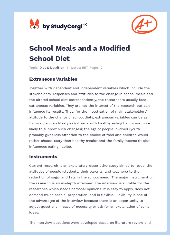 School Meals and a Modified School Diet. Page 1