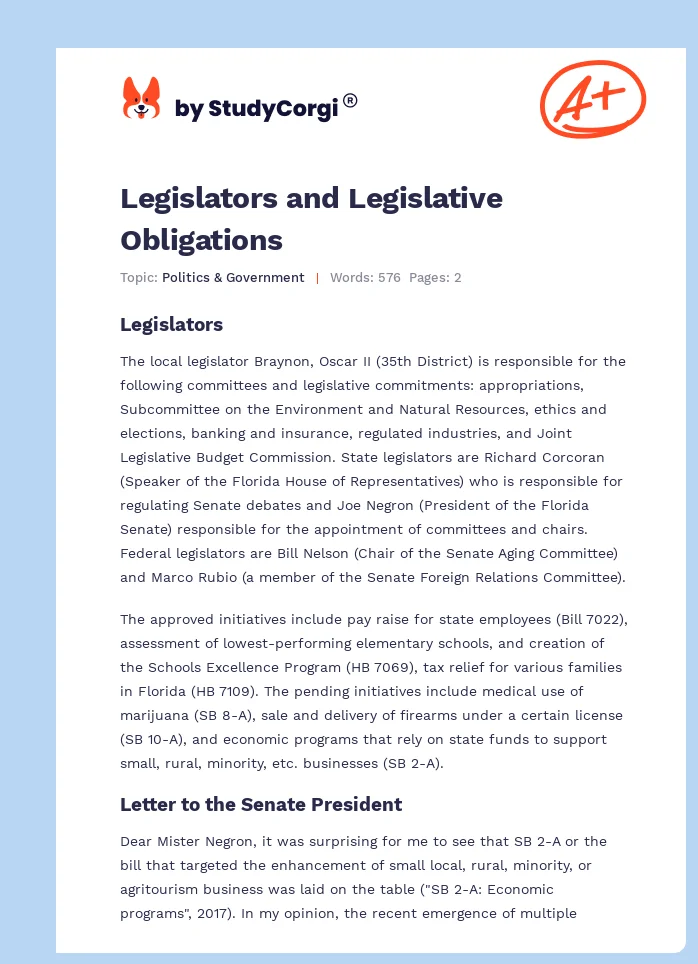 Legislators and Legislative Obligations. Page 1
