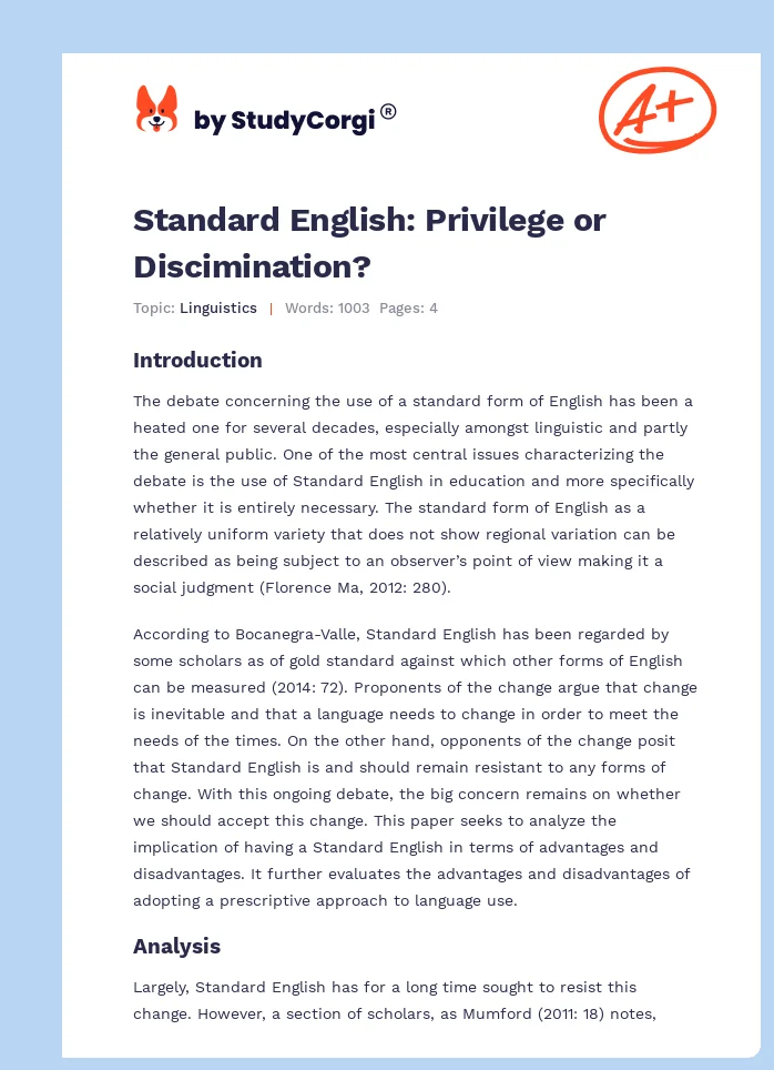 Standard English: Privilege or Discimination?. Page 1