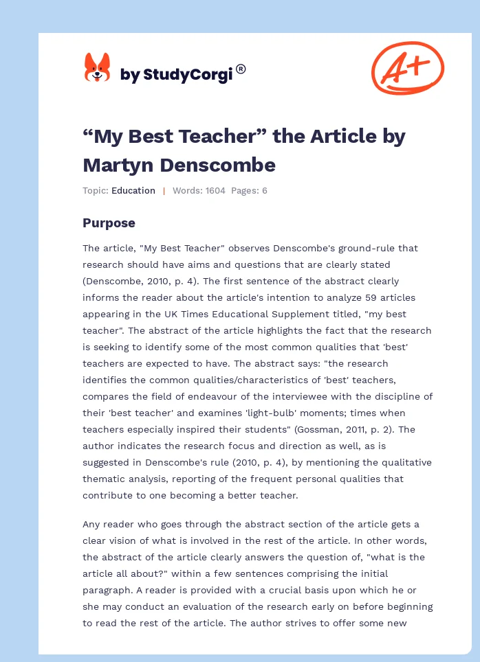 “My Best Teacher” the Article by Martyn Denscombe. Page 1