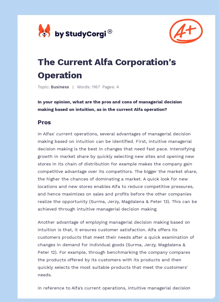 The Current Alfa Corporation's Operation. Page 1