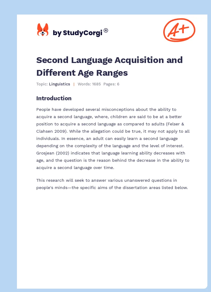 Second Language Acquisition and Different Age Ranges. Page 1