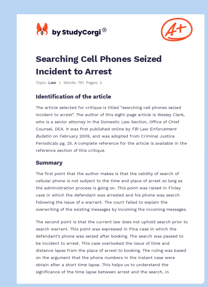 Searching Cell Phones Seized Incident to Arrest. Page 1