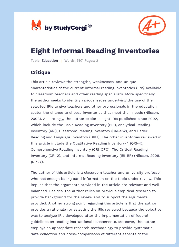 Eight Informal Reading Inventories. Page 1