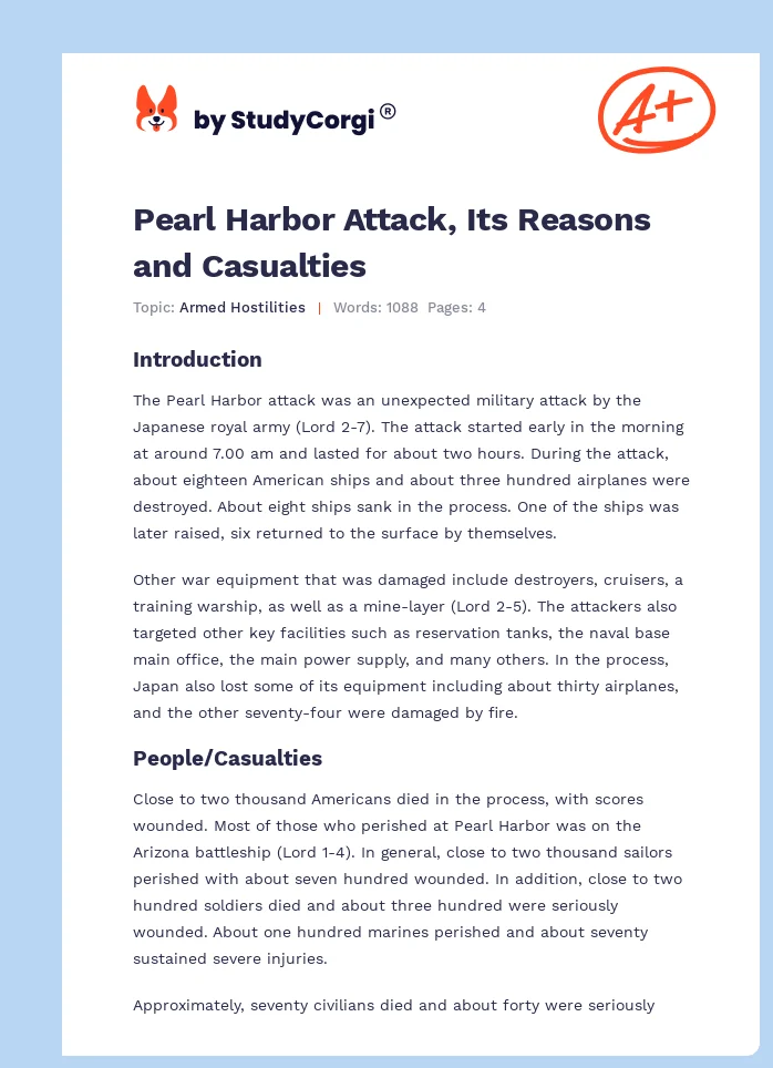 Pearl Harbor Attack, Its Reasons and Casualties. Page 1