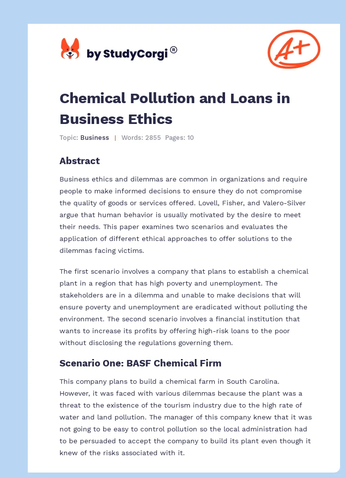 Chemical Pollution and Loans in Business Ethics. Page 1