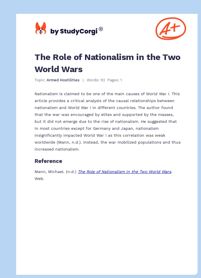 The Role of Nationalism in the Two World Wars. Page 1