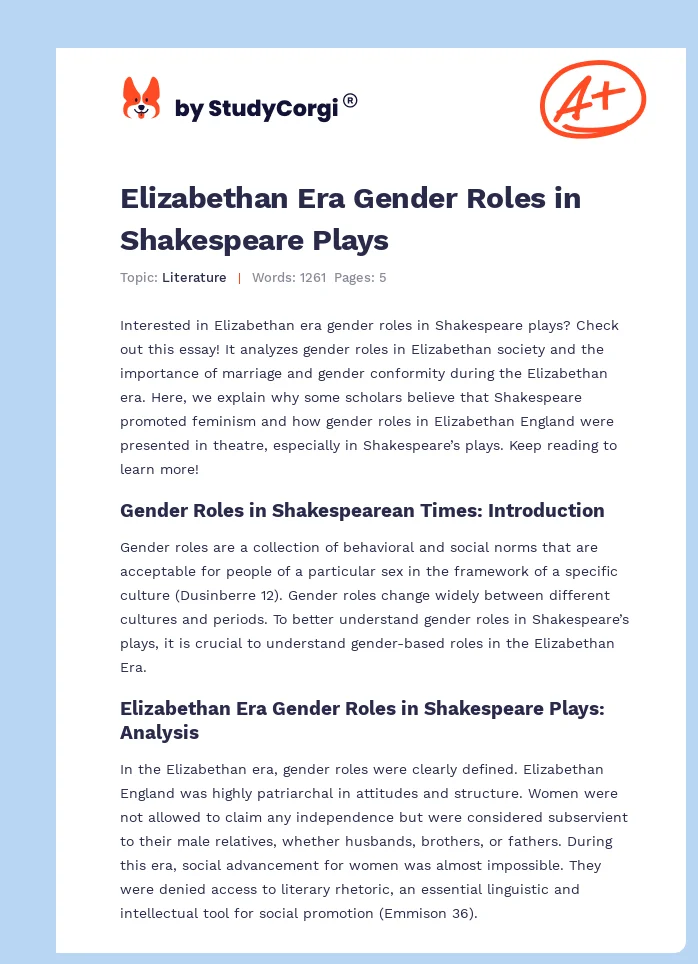 Elizabethan Era Gender Roles in Shakespeare Plays. Page 1