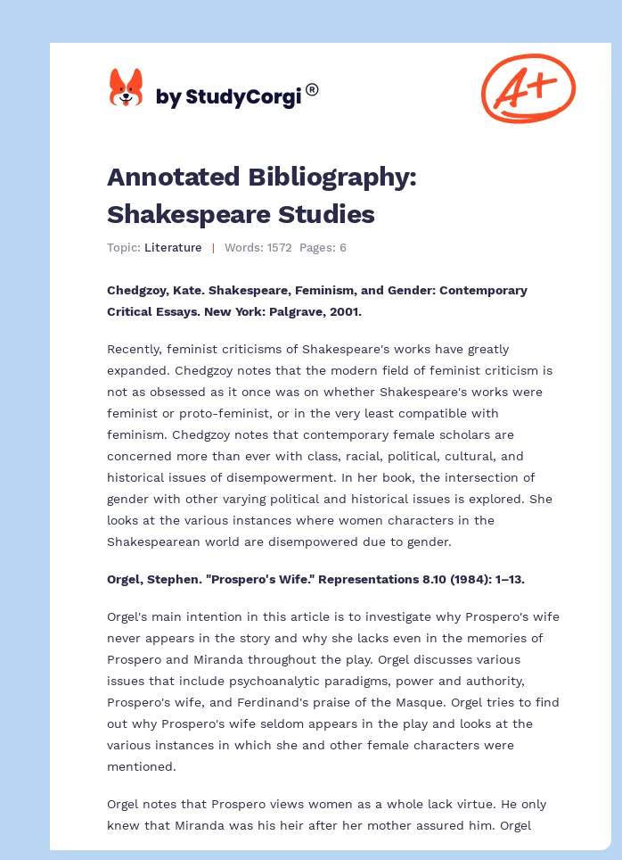 Annotated Bibliography: Shakespeare Studies. Page 1