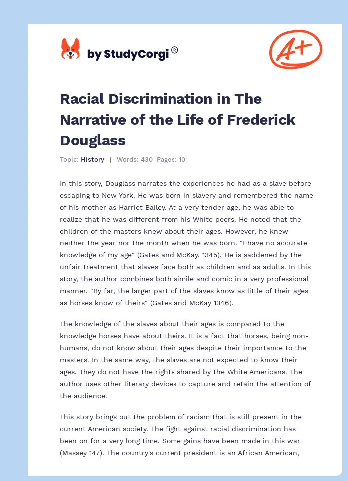 Racial Discrimination in The Narrative of the Life of Frederick Douglass. Page 1