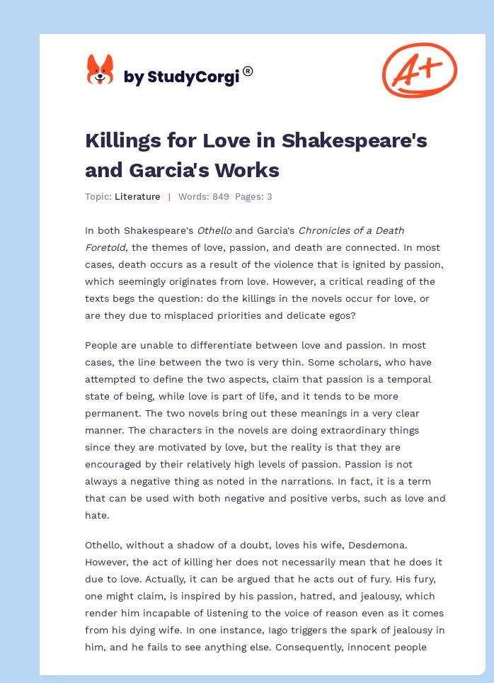 Killings for Love in Shakespeare's and Garcia's Works. Page 1