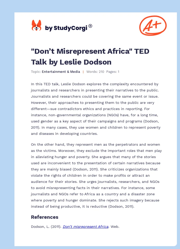"Don’t Misrepresent Africa" TED Talk by Leslie Dodson. Page 1