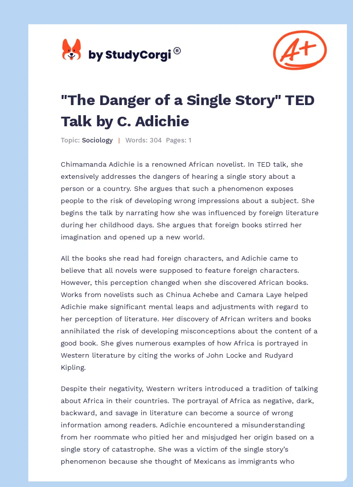 "The Danger of a Single Story" TED Talk by C. Adichie. Page 1