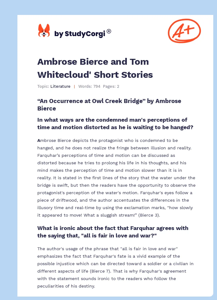 Ambrose Bierce and Tom Whitecloud' Short Stories. Page 1