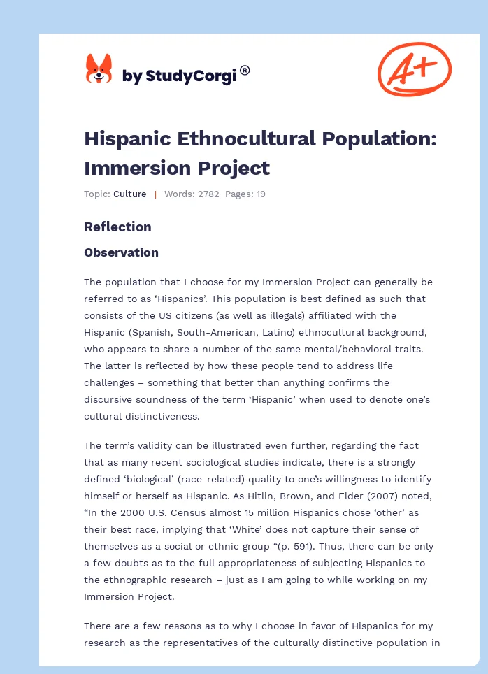 Hispanic Ethnocultural Population: Immersion Project. Page 1