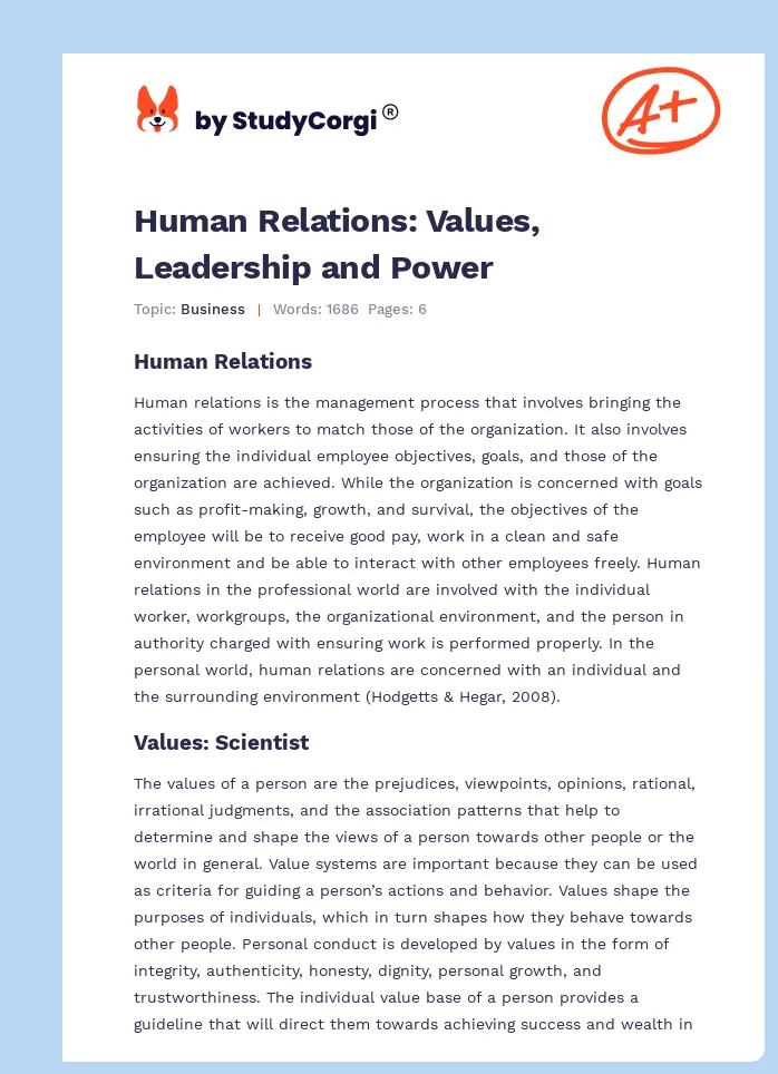 Human Relations: Values, Leadership and Power. Page 1