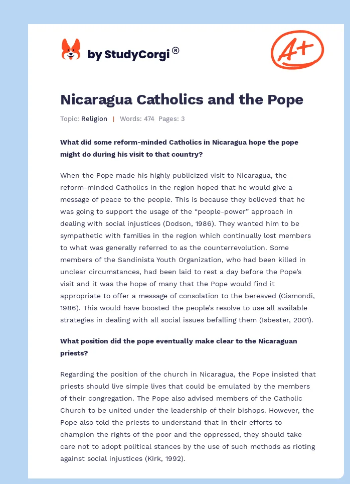 Nicaragua Catholics and the Pope. Page 1