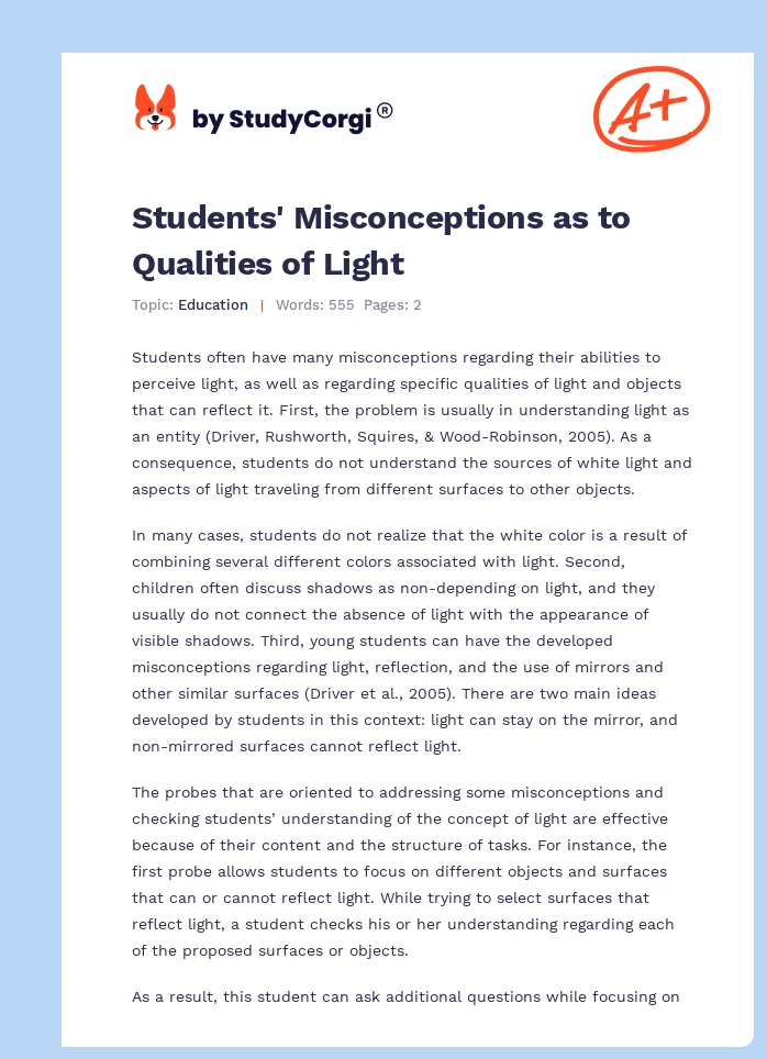 Students' Misconceptions as to Qualities of Light. Page 1