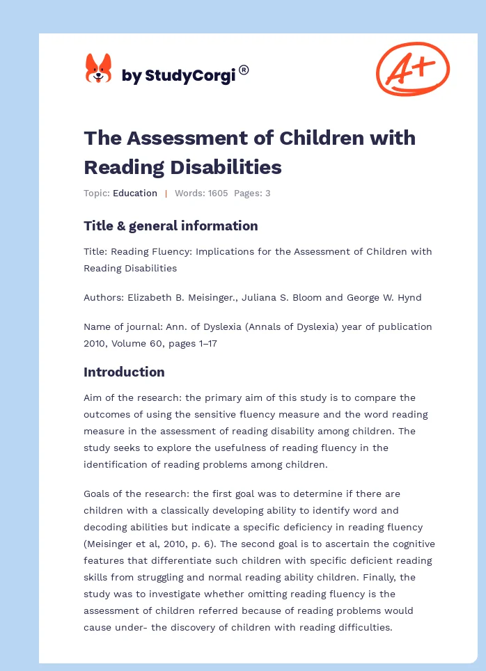The Assessment of Children with Reading Disabilities. Page 1