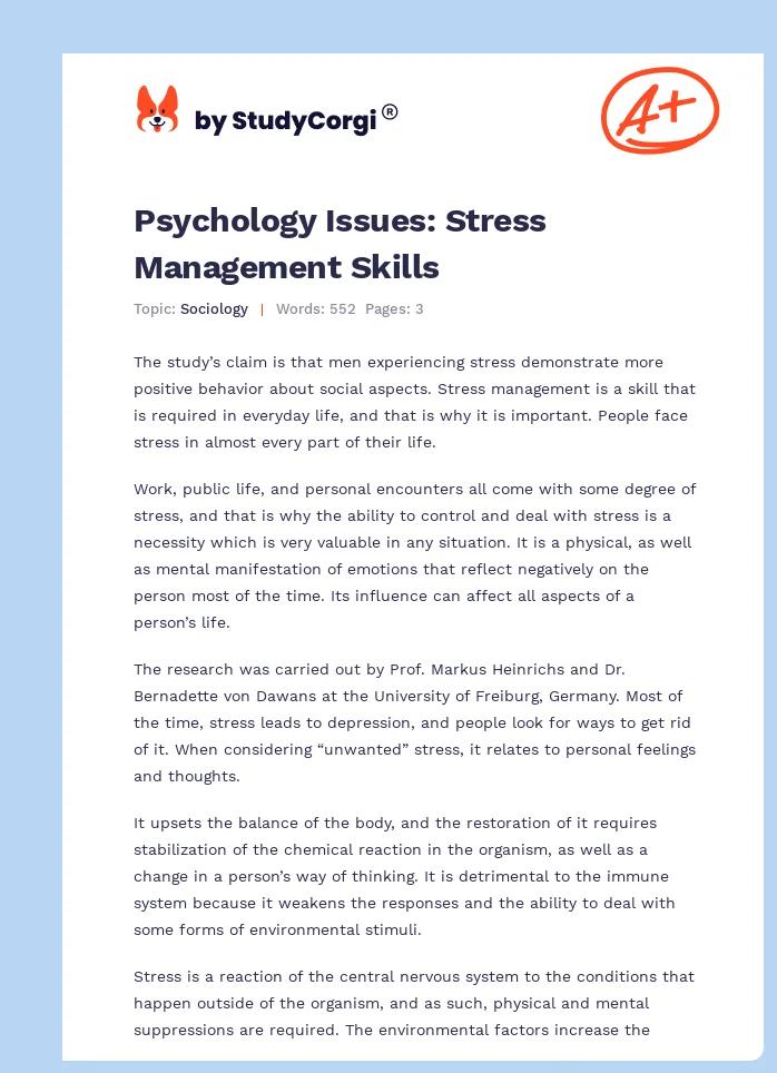 Psychology Issues: Stress Management Skills. Page 1