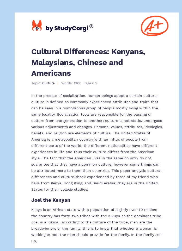 Cultural Differences: Kenyans, Malaysians, Chinese and Americans. Page 1