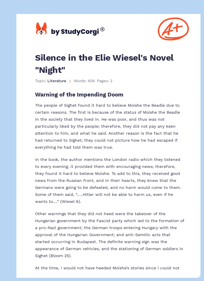 Silence in the Elie Wiesel's Novel "Night". Page 1