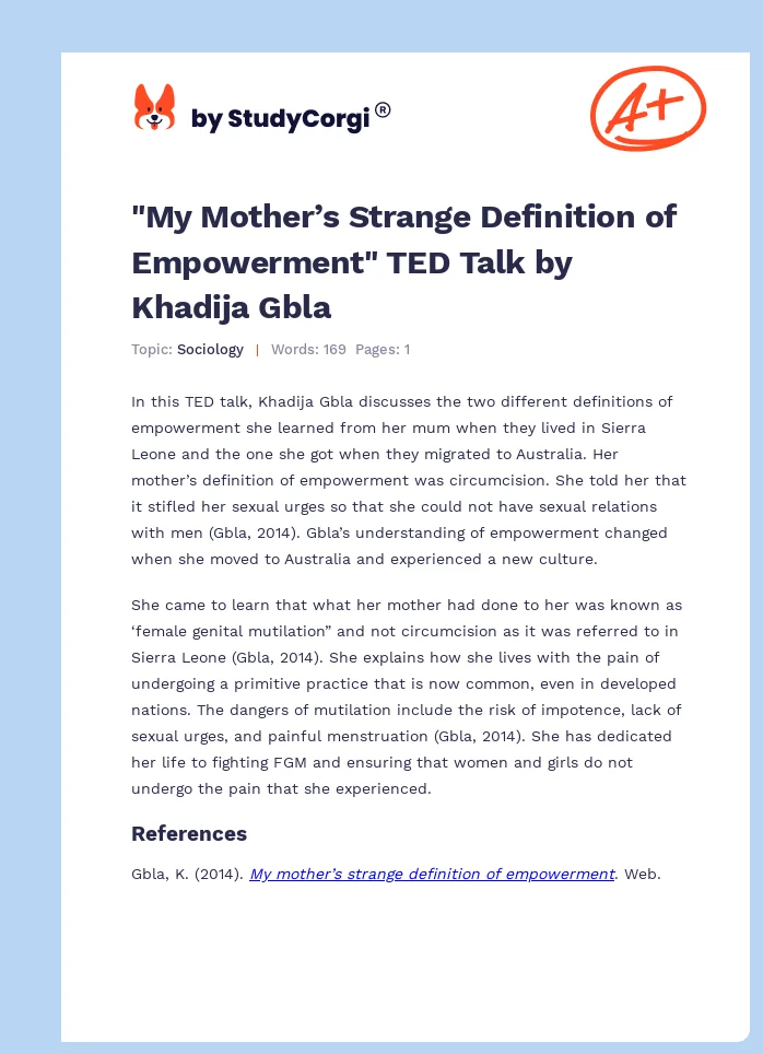 "My Mother’s Strange Definition of Empowerment" TED Talk by Khadija Gbla. Page 1
