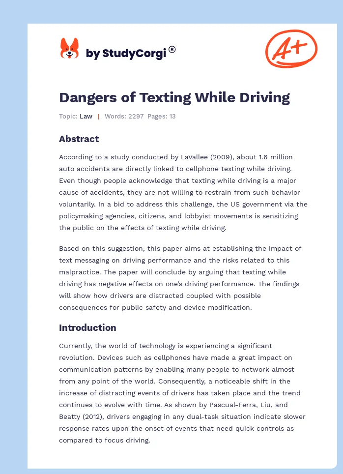 Dangers of Texting While Driving. Page 1