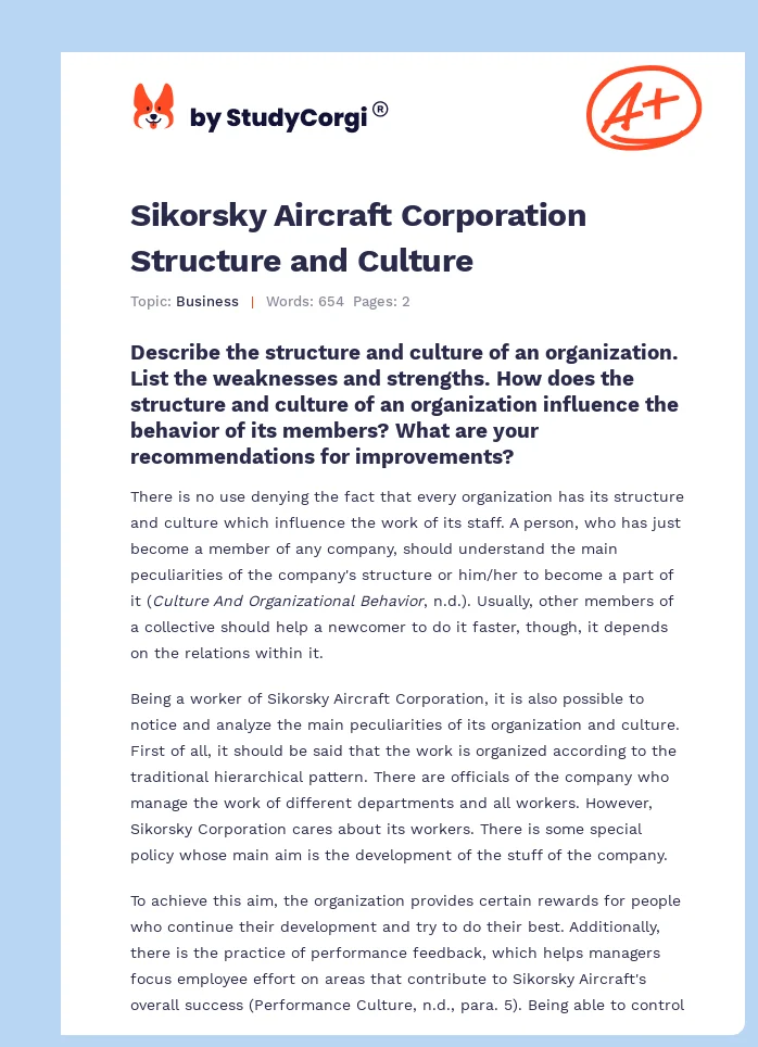 Sikorsky Aircraft Corporation Structure and Culture. Page 1